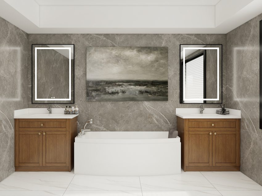 Luxurious bathroom featuring two walnut vanities with white countertops, set against a backdrop of marble walls and centered around a modern bathtub.