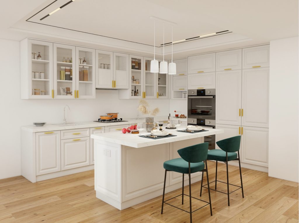 Luxurious White Kitchen with Island and Integrated Appliances