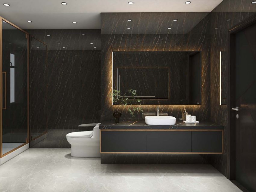 Sophisticated Black Bathroom Vanity with Luxurious Marble Accents