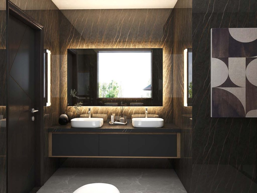 Sophisticated Black Bathroom Vanity with Luxurious Marble Accents