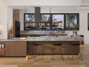 L-shape bespoke kitchen with rich wooden cabinets, luxurious marble countertops, and a modern design for an elegant facelift.