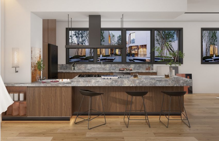 L-shape bespoke kitchen with rich wooden cabinets, luxurious marble countertops, and a modern design for an elegant facelift.