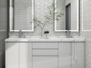 Minimalist white bathroom with hexagonal tiles and modern fixtures.
