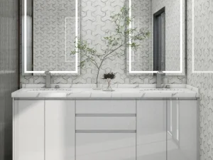 Minimalist white bathroom with hexagonal tiles and modern fixtures.