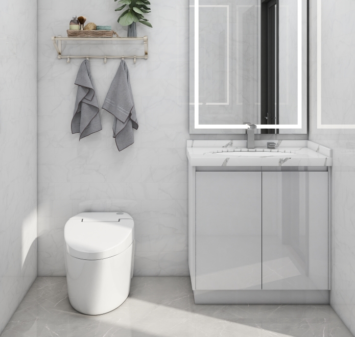 Contemporary double sink bathroom with geometric tiles and modern vanity.