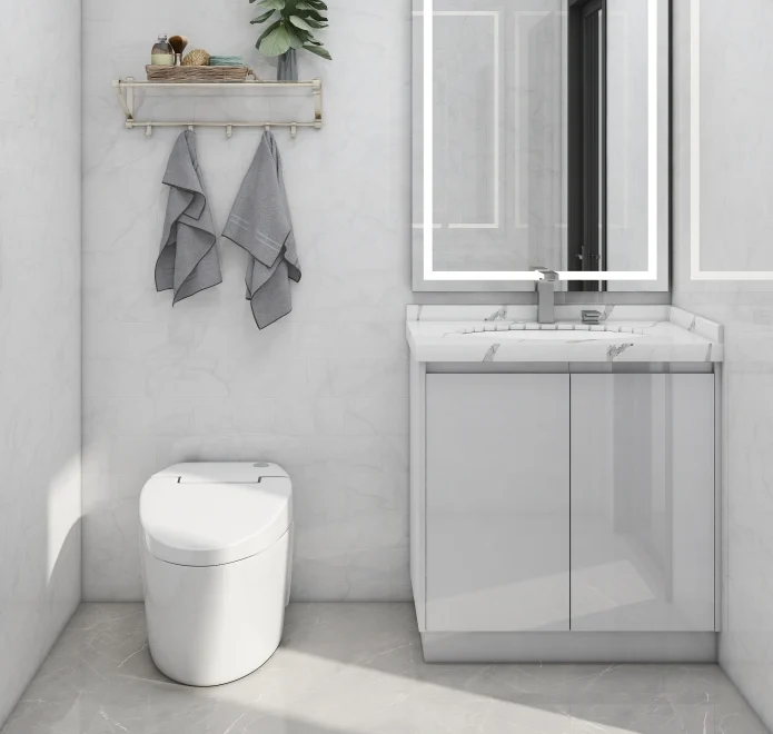 Contemporary double sink bathroom with geometric tiles and modern vanity.