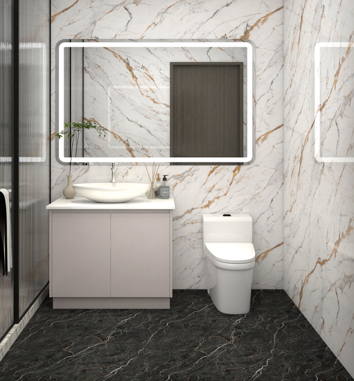 Modern bathroom vanity in soft taupe with a minimalist design, featuring a vessel sink and illuminated mirror.