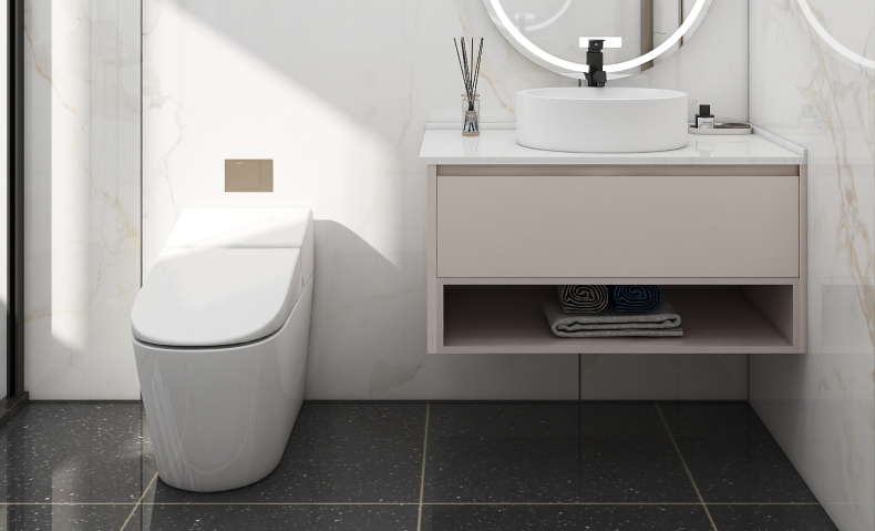 Compact bathroom vanity with a circular backlit mirror and white countertop.