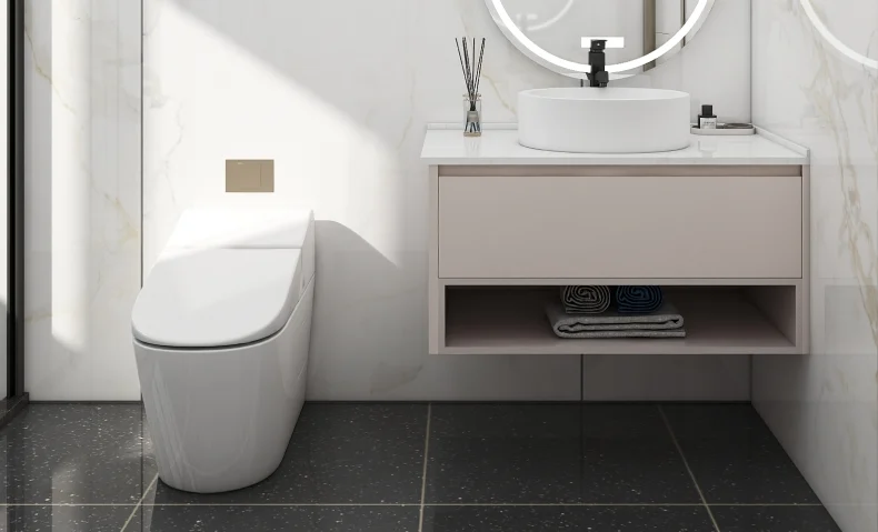 Compact bathroom vanity with a circular backlit mirror and white countertop.