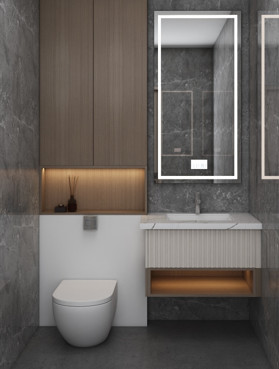 Laundry and bathroom combo with a double vanity and integrated storage.