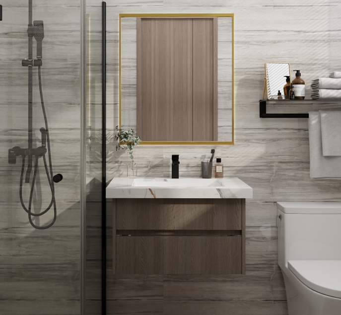 Large bathroom with wood vanity, double sinks, and gold-framed mirror.
