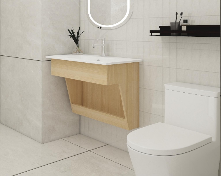 Contemporary MDF bathroom vanity with a light wood finish and integrated sink, featuring an oval illuminated mirror in a sleek, minimalist bathroom design.