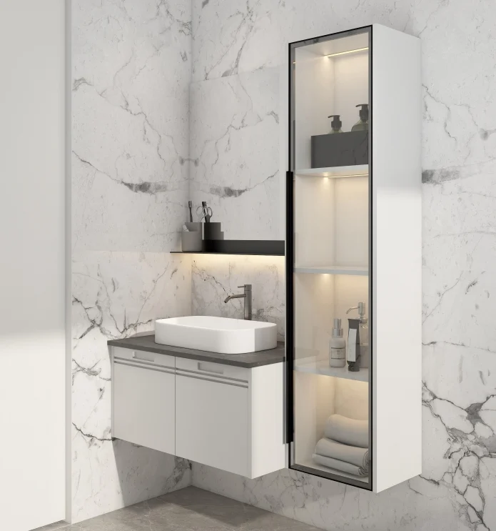 A floating bathroom vanity with white cabinets, a grey countertop, and glass display shelves, mounted against marble walls.