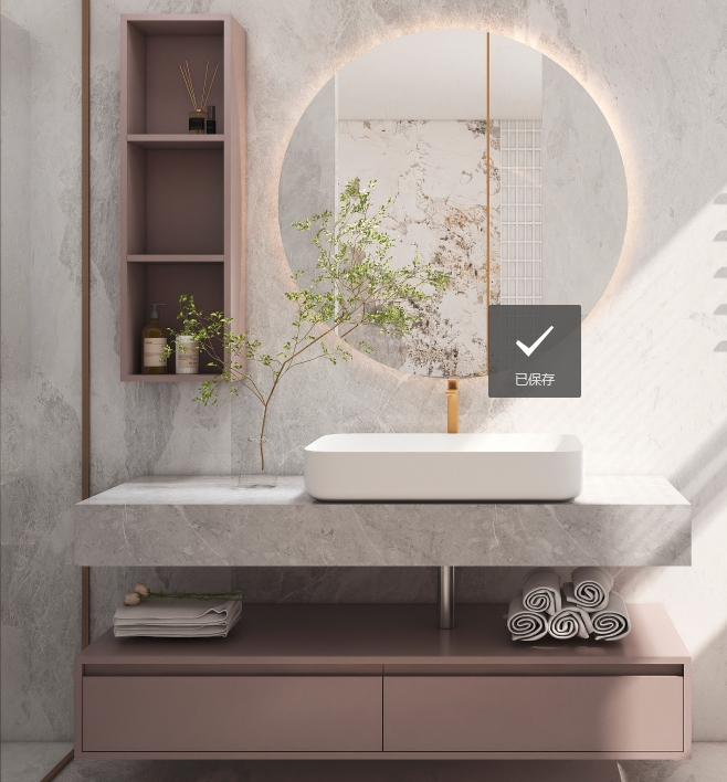Modern bathroom vanity with marble countertop and round illuminated mirror.