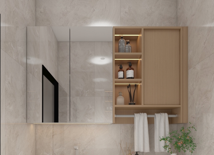 Wooden bathroom vanity with marble countertop and soft lighting.