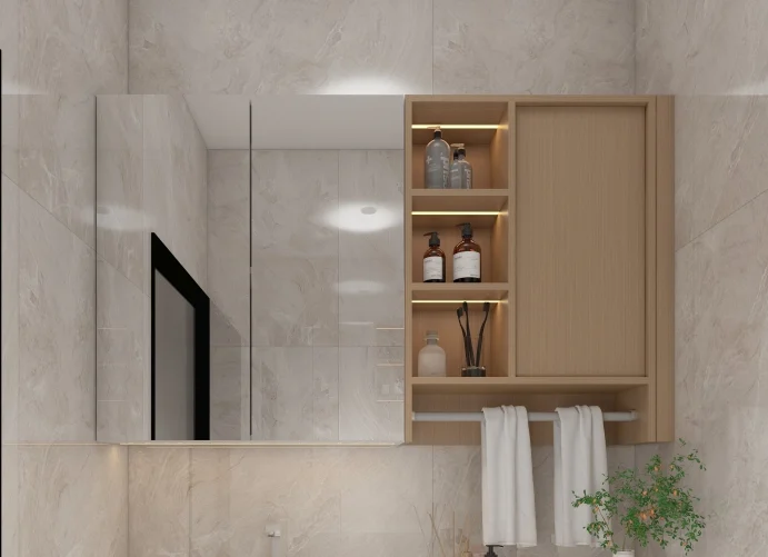 Wooden bathroom vanity with marble countertop and soft lighting.