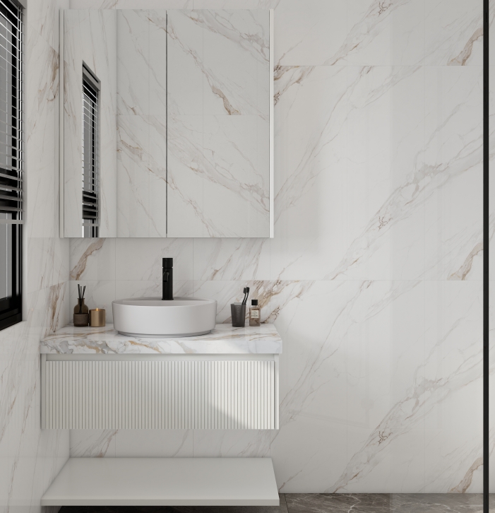 Contemporary bathroom vanity with dual round sinks and marble detailing.