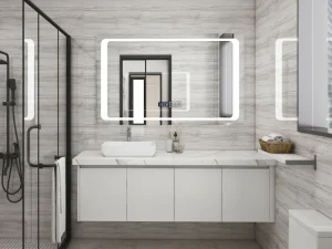 Modern white bathroom vanity with sleek lines and integrated lighting, paired with a large LED mirror and glass shower enclosure.
