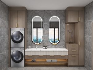 Modern bathroom with floating vanity and wood-toned storage cabinet.