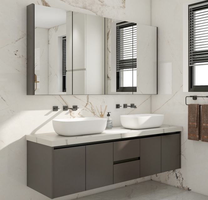 Contemporary bathroom with floating vanity and integrated storage.