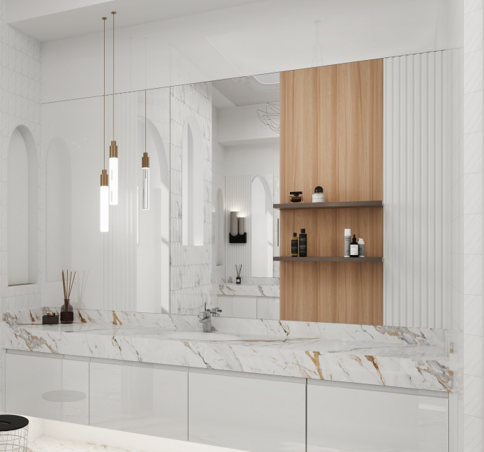 Minimalist bathroom with marble countertops and wooden accents.