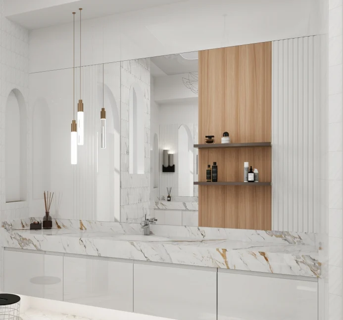 Minimalist bathroom with marble countertops and wooden accents.