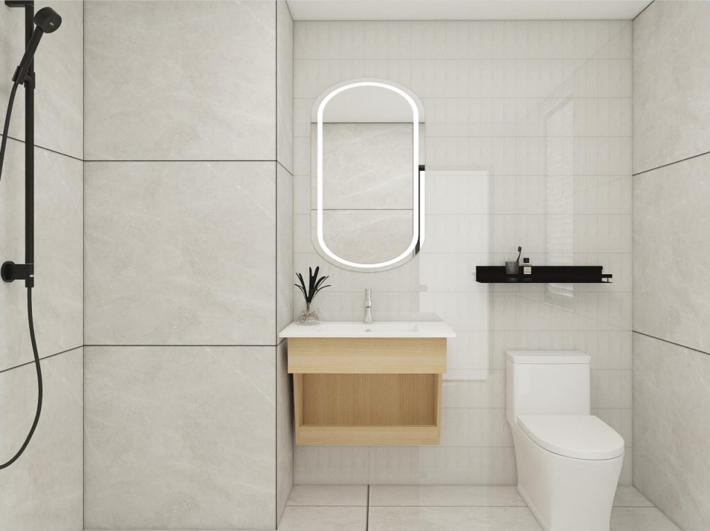 Floating wooden bathroom vanity with a geometric design and integrated sink, perfect for minimalist bathrooms.