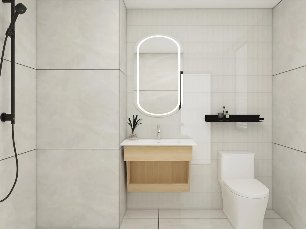 Floating wooden bathroom vanity with a geometric design and integrated sink, perfect for minimalist bathrooms.