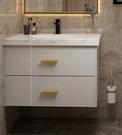 Double vanity with white cabinetry, marble countertop, and gold hardware, set against beige walls with a large mirror.