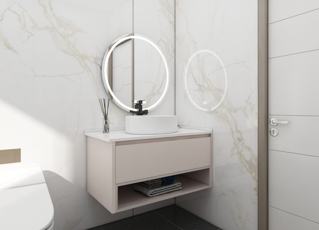 Contemporary bathroom vanity with a circular mirror and neutral-toned storage.