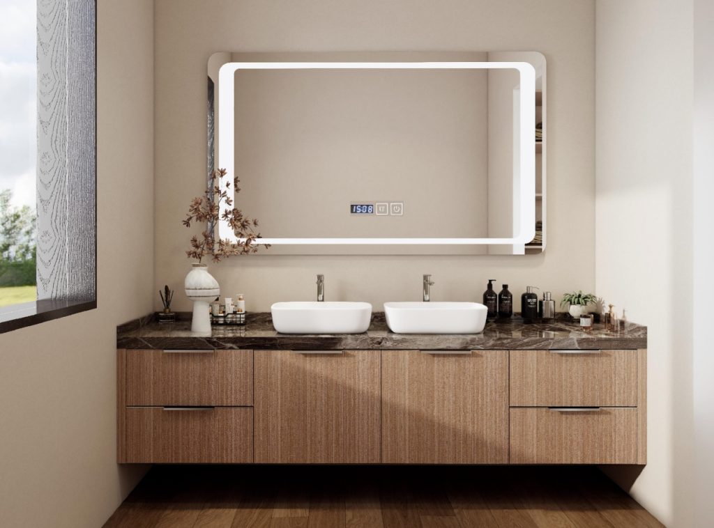 Contemporary double sink bathroom vanity with wooden cabinets and a backlit mirror.