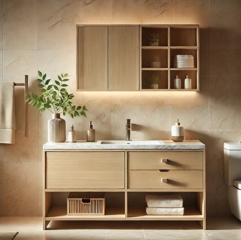Modern wooden bathroom vanity with integrated towel bar and white marble countertop.