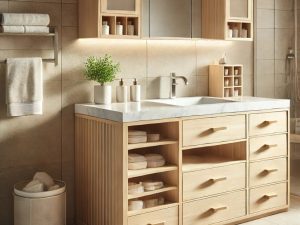 Compact wooden bathroom vanity with marble top and spacious shelving." Title: "Sleek Bathroom Vanity with Marble and Wood Finishes