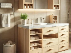 Compact wooden bathroom vanity with marble top and spacious shelving." Title: "Sleek Bathroom Vanity with Marble and Wood Finishes