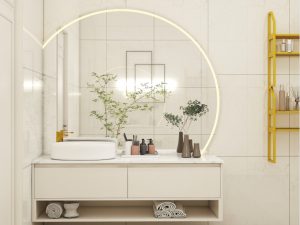 Elegant bathroom vanity with round LED mirror, featuring a warm wood countertop and clean white drawers, complemented by lush green accents.