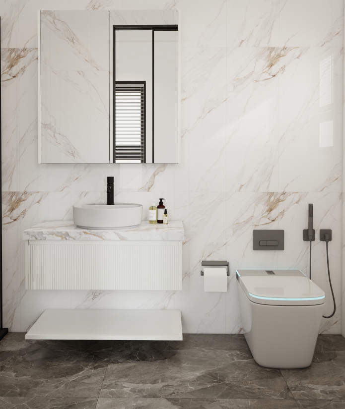 Elegant white vanity with fluted cabinet doors and marble top, featuring dual sinks.
