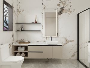 Extended taupe bathroom vanity with a marble countertop, featuring open storage and a vessel sink.
