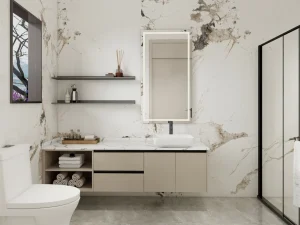 Extended taupe bathroom vanity with a marble countertop, featuring open storage and a vessel sink.
