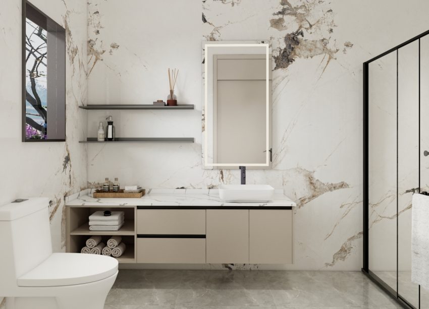 Extended taupe bathroom vanity with a marble countertop, featuring open storage and a vessel sink.