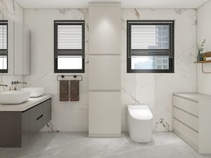 Minimalist bathroom design with dual sinks and marble accents.