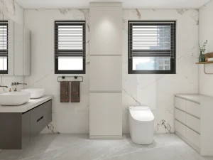 Minimalist bathroom design with dual sinks and marble accents.