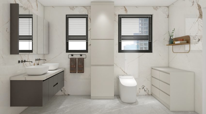 Minimalist bathroom design with dual sinks and marble accents.