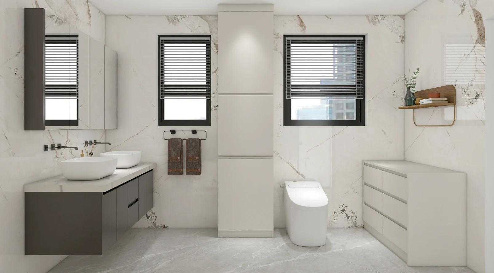 Minimalist bathroom design with dual sinks and marble accents.