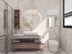 Modern bathroom vanity with marble countertop and round illuminated mirror.