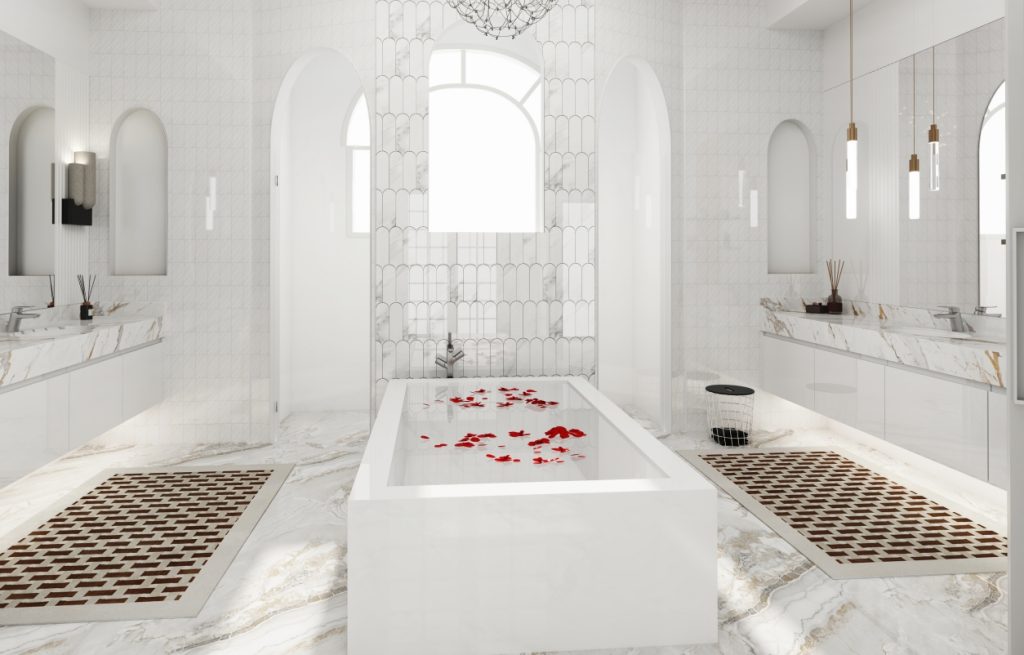 Elegant bathroom design with marble vanity and wooden shelves.
