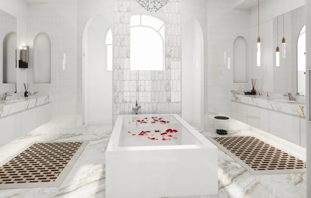 Elegant bathroom design with marble vanity and wooden shelves.