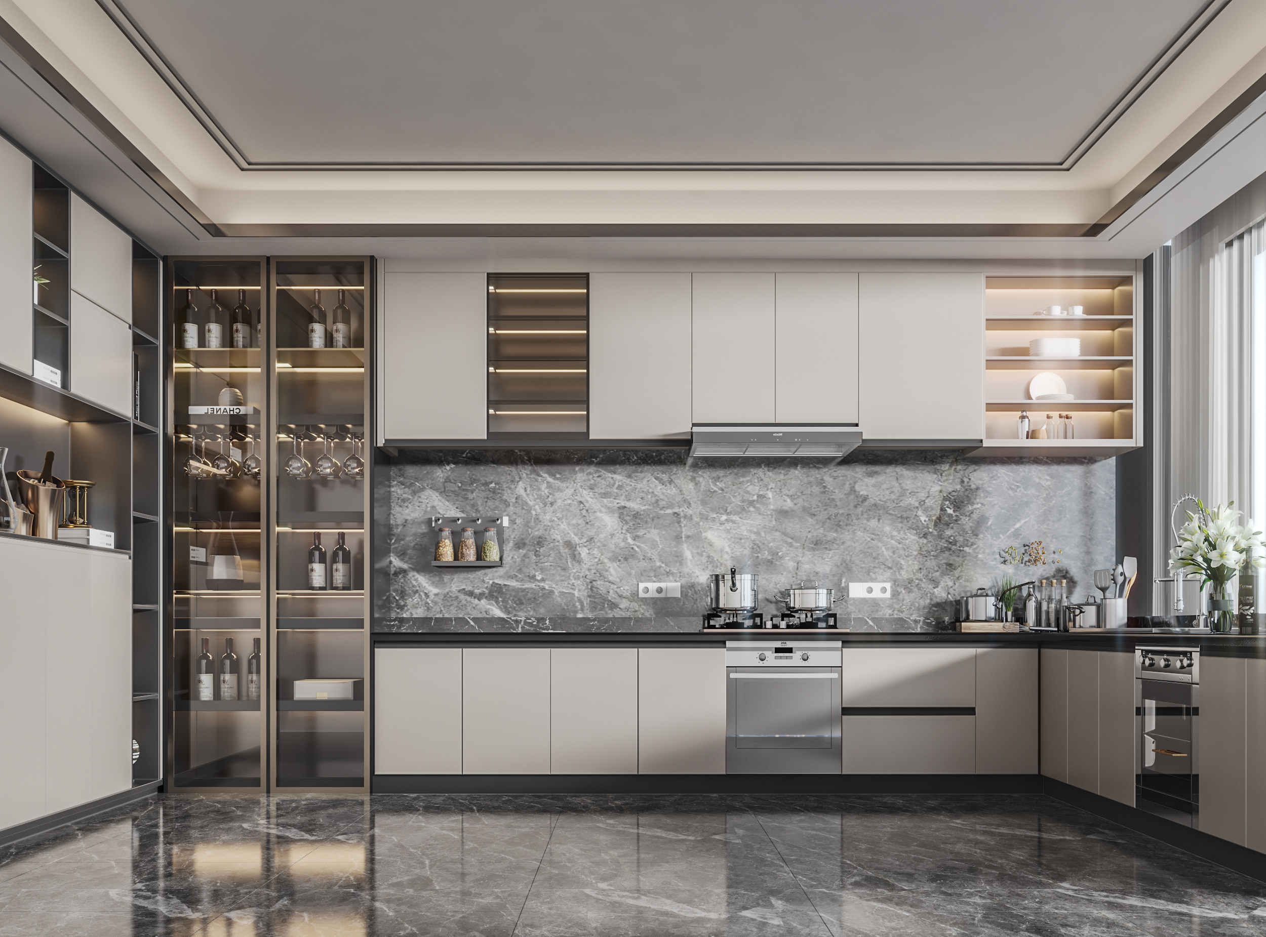 Luxurious U-Shaped Kitchen with Marble Accents and Glass Storage Units