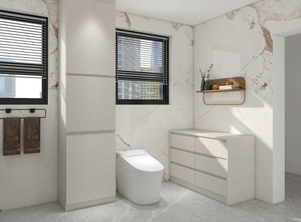 Minimalist bathroom with sleek cabinetry and dual vanities.