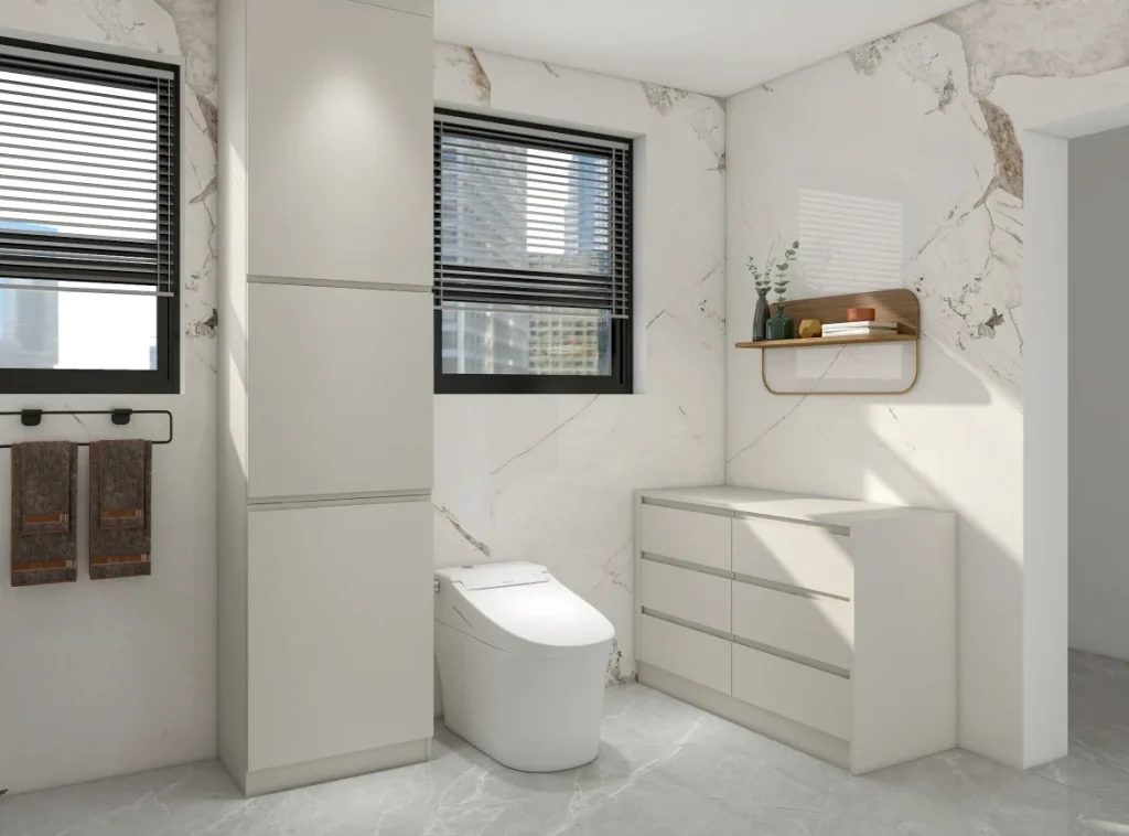 Minimalist bathroom with sleek cabinetry and dual vanities.