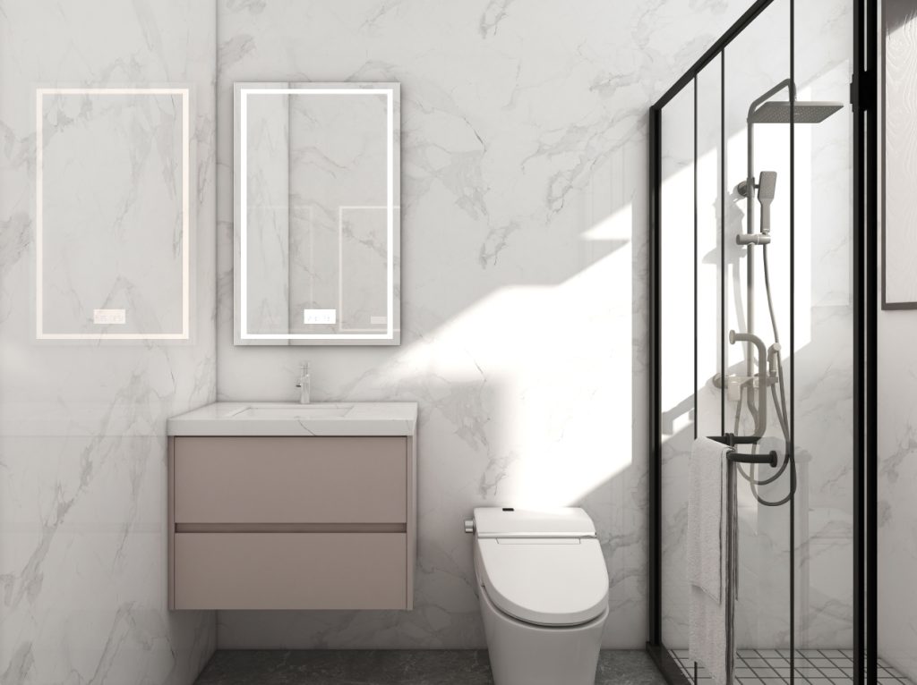 Extended taupe bathroom vanity with a marble countertop, featuring open storage and a vessel sink.
